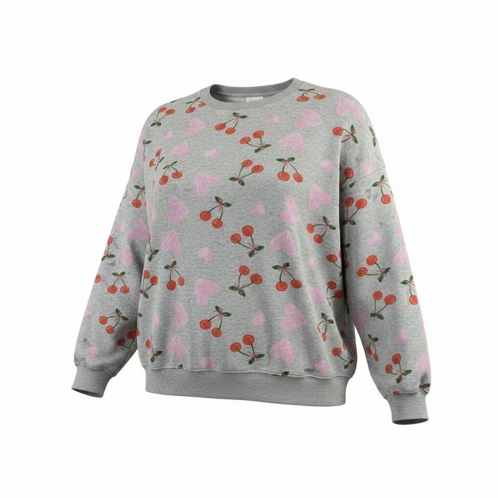 Zoe + Liv Sweatshirt Women's Grey Cherry Heart Oversized Pullover Coquette XXL